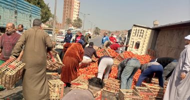 تعطل الحركة المرورية بطريق بنها المنصورة بسبب انقلاب سيارة نقل محملة بالطماطم